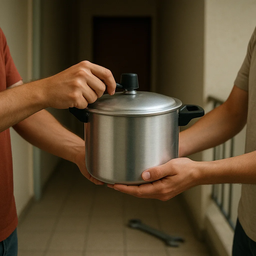 Panela de pressão consertada sendo entregue na porta do cliente
